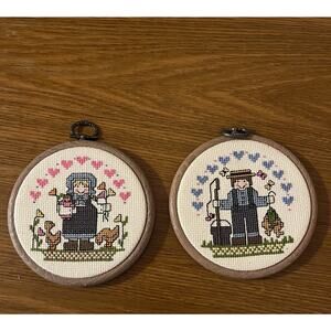 Vintage Crossstitch Cottage Core Man And Woman In Wooden Embroidery Hoops